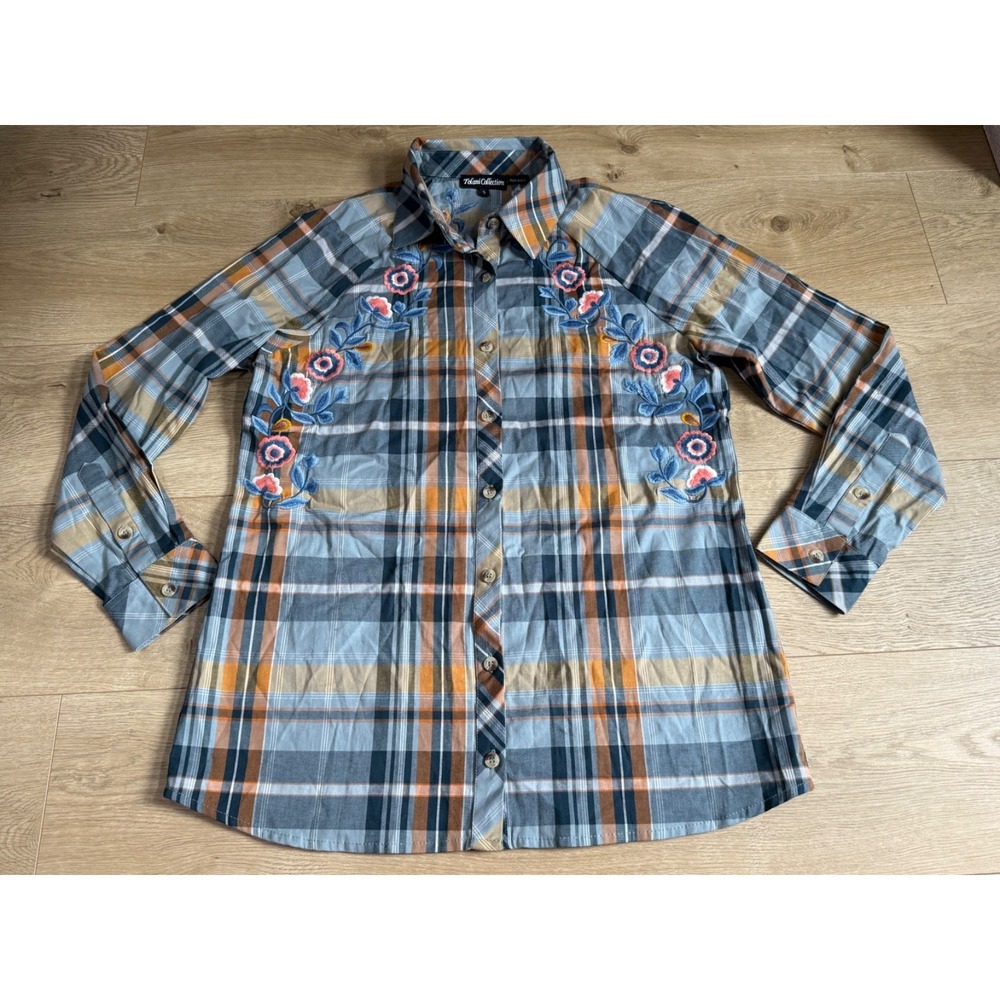 Tolani Collection floral embroidered long sleeve plaid button up stretch size S